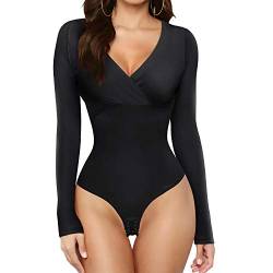 KUMAYES Shaping Bodysuit Formende Bodys für Damen Langarm Tops Shapewear Bauchweg Fajas Body Shaper (XL, Schwarz) von KUMAYES