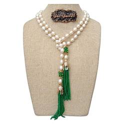 KUNDUNON Ketten für Damen 51 Zoll kultivierte weiße Reis-Perlen-Grün-Jade-Troddel-Pflaster-Anhänger-lange Halskette von KUNDUNON