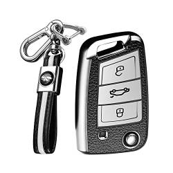 KUNIO Autoschlüssel Hülle Schlüsselcover Passt für VW Golf 7 MK7 Passat Passt für Skoda Superb Kodiaq Fabia Octavia TPU Leder-Textur Schlüsselanhänger Schlüsseletui Schutzhülle Silber von KUNIO