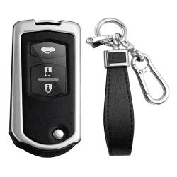 KUNIO Autoschlüsselhülle Passt für Mazda 2 3 5 6 BT50 CX-7 CX-5 CX-9 RX8 MX5 Schutzhülle Metall Klappschlüsselcover Schlüsseletui Schlüsselanhänger 2/3 Tasten A Silber Schwarz von KUNIO