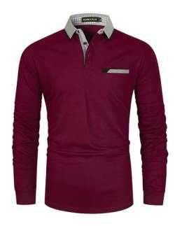 KUNJLELP Herren Poloshirt Basic Langarm aus Reiner Baumwolle Casual Polohemd Slim Fit Kontrastfarbe Golf T-Shirt,Rot 02,L von KUNJLELP