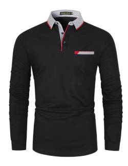 KUNJLELP Herren Poloshirt Basic Langarm aus Reiner Baumwolle Casual Polohemd Slim Fit Kontrastfarbe Golf T-Shirt,Schwarz 02,L von KUNJLELP