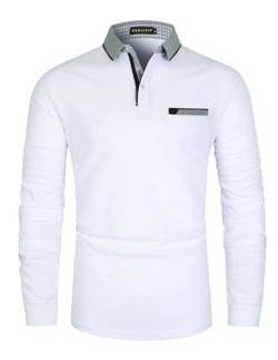 KUNJLELP Herren Poloshirt Basic Langarm aus Reiner Baumwolle Casual Polohemd Slim Fit Kontrastfarbe Golf T-Shirt,Weiß 02,L von KUNJLELP