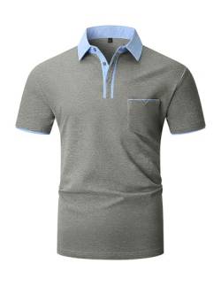 KUNJLELP Herren Poloshirt Kurzarm,100% Baumwolle,Sommer Slim Fit Sports Golf Polohemd Blau Patchwork Kragen T-Shirt M-3XL,Grau,XXL von KUNJLELP