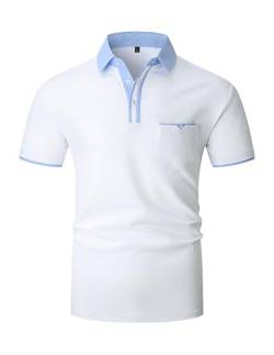 KUNJLELP Herren Poloshirt Kurzarm,100% Baumwolle,Sommer Slim Fit Sports Golf Polohemd Blau Patchwork Kragen T-Shirt M-3XL,Weiß,L von KUNJLELP