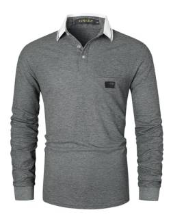 KUNJLELP Herren Poloshirt Langarm Baumwoll Mode kariert Polohemd Golf Polo Shirt,Grau,XL von KUNJLELP
