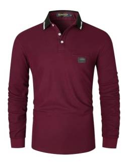 KUNJLELP Herren Poloshirt Langarm Baumwoll Mode kariert Polohemd Golf Polo Shirt,Rot,L von KUNJLELP