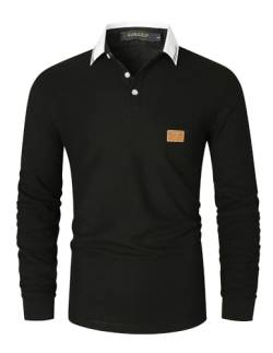 KUNJLELP Herren Poloshirt Langarm Baumwoll Mode kariert Polohemd Golf Polo Shirt,Schwarz,L von KUNJLELP
