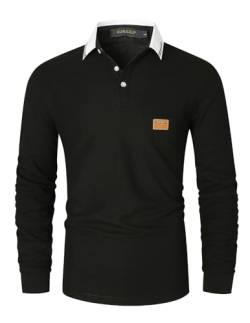 KUNJLELP Herren Poloshirt Langarm Baumwoll Mode kariert Polohemd Golf Polo Shirt,Schwarz,XXL von KUNJLELP