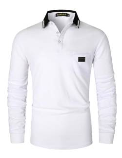 KUNJLELP Herren Poloshirt Langarm Baumwoll Mode kariert Polohemd Golf Polo Shirt,Weiß,L von KUNJLELP