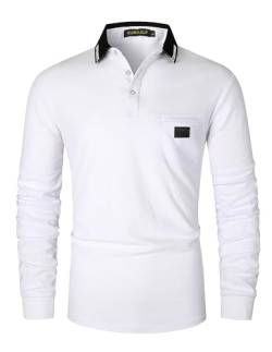 KUNJLELP Herren Poloshirt Langarm Baumwoll Mode kariert Polohemd Golf Polo Shirt,Weiß,XXL von KUNJLELP