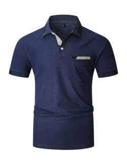 KUNJLELP Poloshirt Herren Kurzarm Baumwolle T Shirts Männer Slim Fit Basic Kontrastfarbe Polohemd Tennis Golf Sports Tops,Blau 01,L von KUNJLELP