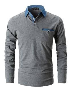 KUNJLELP Poloshirt Herren Langarm, T Shirts Männer, Hemd Herren Denim-Splice T-Shirt Golf Polo Shirt,Grau,3XL von KUNJLELP