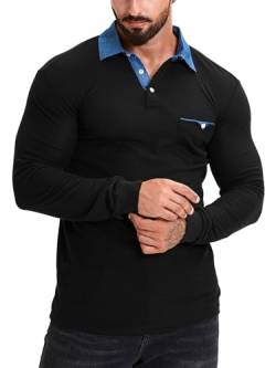 KUNJLELP Poloshirt Herren Langarm, T Shirts Männer, Hemd Herren Denim-Splice T-Shirt Golf Polo Shirt,Schwarz,3XL von KUNJLELP