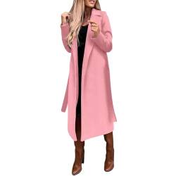 KUNOVO Winterjacke Flauschig Damen,Damen Trenchcoat Mantel Jacke Lang Winter Revers Wollmantel Lange Parka Jacke Wintercoat Overcoat Elegant Langarm Jacke Einfarbig Wintermantel (pink,L) von KUNOVO