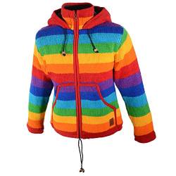 Damen Regenbogen Strickjacke Goa Wolle Jacke mit Fleecefutter und Abnehmbarer Zipfelkapuze, Größe Damen:34-36 von KUNST UND MAGIE