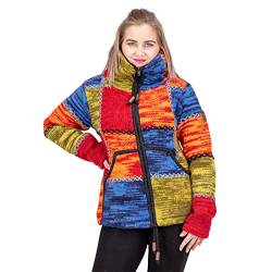 Damen Strickjacke Goa Wolle Bunte Patchwork Jacke mit Fleecefutter und Hochkragen Fair, Größe:M von KUNST UND MAGIE