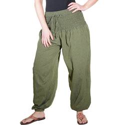 KUNST UND MAGIE Damen Pluderhose Haremshose Sommerhose Hippie Goa Wellness Yoga, Größe Damen:34-38(S/M), Farbe:Army Green von KUNST UND MAGIE