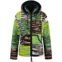 KUNST UND MAGIE Strickjacke Damen Strickjacke Wolle Bunte Patchwork Jacke Zipfelkapuze Hochkragen von KUNST UND MAGIE