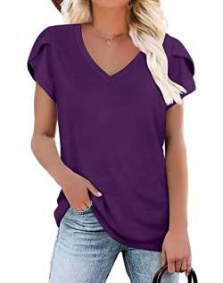 KUOTAI Damen Tops Sommer T-Shirts Casual V Ausschnitt Blütenblatt Ärmel Blusen Shirt, Violett, X-Groß von KUOTAI
