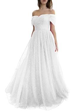 KURFACE Abschlussballkleid, A-Linie, ärmellos, schulterfrei, glitzernd, Sternenhimmel, Brautkleid, langes Abendkleid, Partykleid für Frauen, weiß, 48 von KURFACE