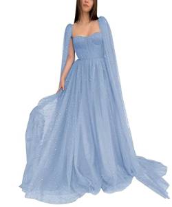 KURFACE Ballkleid Cape Ärmel Party Formal Kleider Glitzernd Sternen Plissee Abschlussballkleider mit Taschen Langes Abendkleid im Schlitz für Damen, himmelblau, 34 von KURFACE