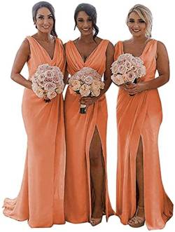 KURFACE Doppelter V-Ausschnitt Hochzeit Brautjungfernkleider Lange Trauzeugin Kleid Chiffon Formal Abendkleider für Frauen, Dusty Orange, 36 von KURFACE