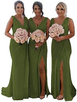 KURFACE Doppelter V-Ausschnitt Hochzeit Brautjungfernkleider Lange Trauzeugin Kleid Chiffon Formal Abendkleider für Frauen, Olive Green, 48 Plus von KURFACE