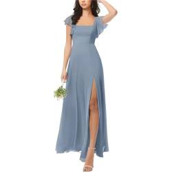 KURFACE Hochzeitsgast Kleid Eine Linie Einfache Kurzarm Bodenlangen Brautjungfer Kleid für Frauen WSX423, dusty blue, 34 von KURFACE