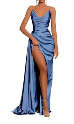 KURFACE Hochzeitsgast Kleid Meerjungfrau Kalte Schulter trägerlosen ärmellosen langen Abschlussball-Kleid für Frauen WSX419, dusty blue, 36 von KURFACE