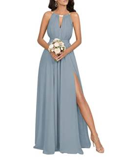 KURFACE Hochzeitskleid für Damen, schulterfrei, Neckholder, plissiert, formelles Abendkleid, Partykleid mit Schlitz, dusty blue, 46 von KURFACE