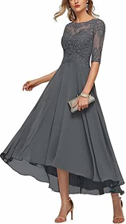 KURFACE Kleid mit Spitzenapplikation, Brautmutter und Bräutigam, A-Linie, halbe Ärmel, Abschlussball, Abendkleid, Partykleid, stahlgrau, 42 von KURFACE