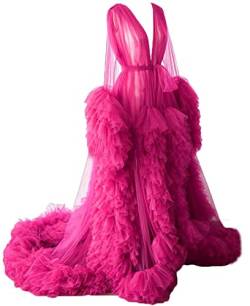 KURFACE Morgenmantel für Mutterschaft Fotoshooting Perspektive Durchsichtiger langer Bademantel Puffy Tüll Robe Sheer, fuchsia, 50 von KURFACE