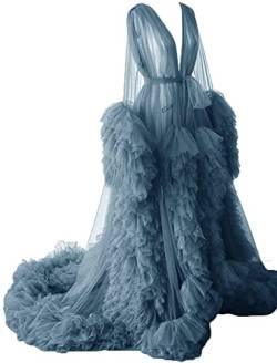 KURFACE Morgenmantel für Mutterschaft Fotoshooting Perspektive Sheer Lange Robe Puffy Tüll Robe Sheer, dusty blue, 46 von KURFACE