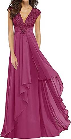 KURFACE Mutter der Braut Bräutigam Kleid Lange Rüschen V-Ausschnitt Ärmellos Hochzeitsgäste Abendkleider für Frauen, fuchsia, 36 von KURFACE