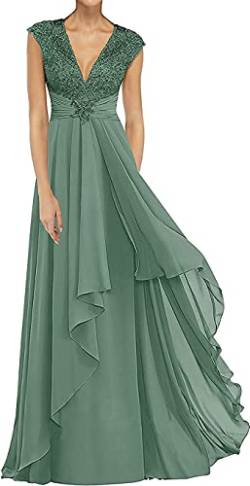 KURFACE Mutter der Braut Bräutigam Kleid Lange Rüschen V-Ausschnitt Ärmellos Hochzeitsgäste Abendkleider für Frauen, lichtgrün, 46 von KURFACE