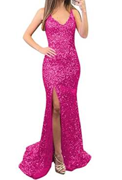 KURFACE Pailletten Meerjungfrau V-Ausschnitt Ballkleider Lange Glitzernde Split Sexy Formelle Abendparty Kleider für Frauen, hot pink, 44 von KURFACE