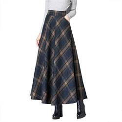 KURFACE Plaid Wollröcke Hohe Elastische Taille Winter Maxi Lange Röcke mit Taschen für Frauen, dunkelblau, 44 von KURFACE