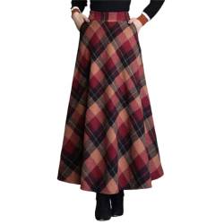 KURFACE Plaid Wollröcke Hohe Elastische Taille Winter Maxi Lange Röcke mit Taschen für Frauen, rot, 40 von KURFACE