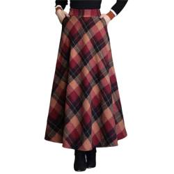 KURFACE Plaid Wollröcke Hohe Elastische Taille Winter Maxi Lange Röcke mit Taschen für Frauen, rot, 48 von KURFACE