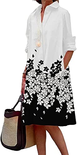 KURTIK Für Frauen Lässig Revers V-Ausschnitt Hemdkleid Elegant Button Down Langärmelig Pendeln Locker Midi-Kleid (Weiß B,L) von KURTIK
