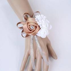 KUSAGA Handgelenk-Blume, Handgelenk-Corsage, Hochzeits-Corsage, Armband, Band, Blumen-Manschettenarmbänder, Brautjungfer, Braut-Corsage, Hochzeitsarmbänder for Frauen, tiefrosa (Color : Brown) von KUSAGA