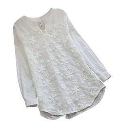 KUTLIF Damen Langärmelige Bluse mit Stickerei, V-Ausschnitt, Elegantes Hemd, großer Saum Gr. Large, weiß von KUTLIF