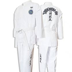 ITF Taekwondo Uniform Kinder Erwachsene Gestreifter Stoff Karate Gi Judo Anzug für Wettkampf und Training,White-120 von KUXUAN