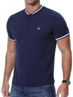 KUYIGO Henley-T-Shirt für Herren, mit Reißverschluss, Hirschkopf-Stickerei, Tennis, kurzärmelig, normale Passform, navy, M von KUYIGO