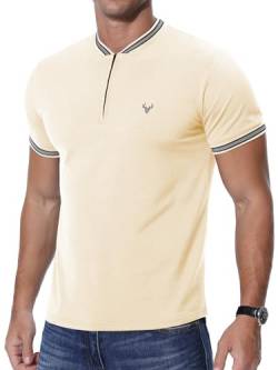 KUYIGO Henley-T-Shirt für Herren, mit Reißverschluss, Hirschkopf-Stickerei, Tennis-Shirt, kurzärmelig, normale Passform, aprikose, M von KUYIGO