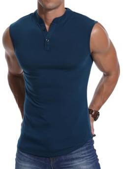 KUYIGO Herren Fitness Running Athletic Tank Top Slim Henley T-Shirt Grau Blau M von KUYIGO