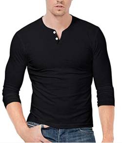 KUYIGO Herren T-Shirt V-Ausschnitt Henley-Shirt Klassisch Langarm Einfarbig XXL Schwarz von KUYIGO