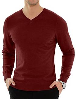 KUYIGO Mens Plain V-Neck Jumper Knitted Casual Long Sleeve Pullover Sweater Top Work Office Professional Smart M Wine Red von KUYIGO