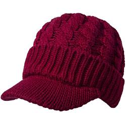 Kuyou Unisex Strickmütze Beanie Cap Winter Kappe Mütze mit Schirm (Weinrot) von KUYOU